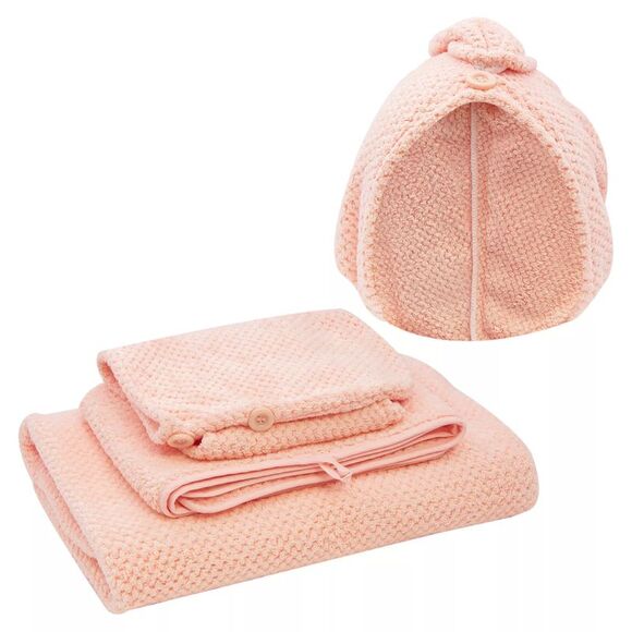 Smart Home Plush Pink Bath Towel, Hand Towel and Hair Turban Set, 3 Pieces - Picture 1 of 8